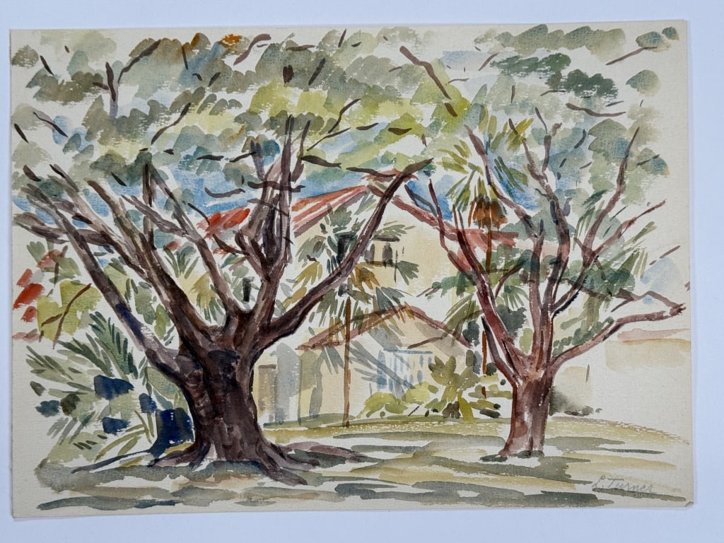 L. Turner (20th c.) Watercolor/Paper: L. Turner (20th c.) watercolor on paper "Trees and Buildings". Signed lower right. Minor wear on corners of the work, otherwise in good condition. Measures 10" x 14" 1A