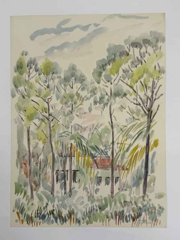 L. Turner (20th c.) Watercolor/Paper: L. Turner (20th c.) watercolor on paper "Trees". Signed lower right. Incomplete sketch drawn verso. In good condition. Measures 14 5/8" x 10 5/8" 1A