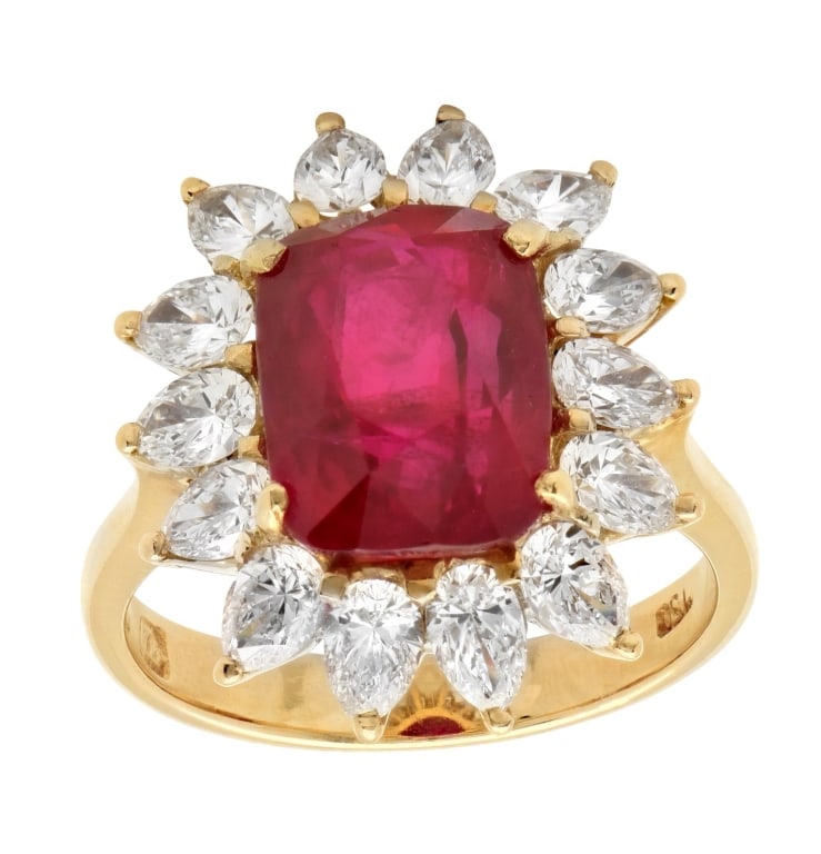 6Ct AGL Certified Cushion-Cut Ruby & Diamond Ring: 6Ct AGL Certified Cushion-Cut Ruby & Diamond Ring in 18K Yellow Gold Discover the exquisite beauty of our 6ct Cushion-Cut Ruby & Diamond Ring, a stunning piece from Vivid Diamonds, crafted in