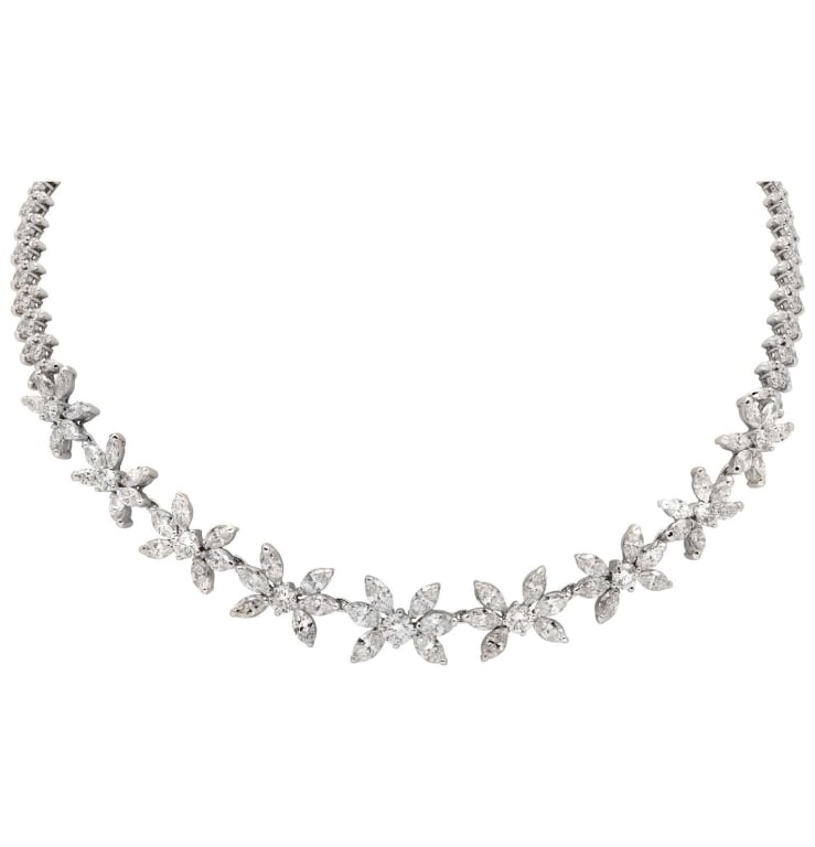27.00Ct Diamond Floral Necklace in Platinum: 27.00Ct Diamond Floral Necklace in Platinum with 159 Diamonds, G-H Color, VS1 Clarity SKU: 47873 Indulge in the exquisite beauty of the 27.00ct Diamond Floral Necklace, a stunning piece of luxury