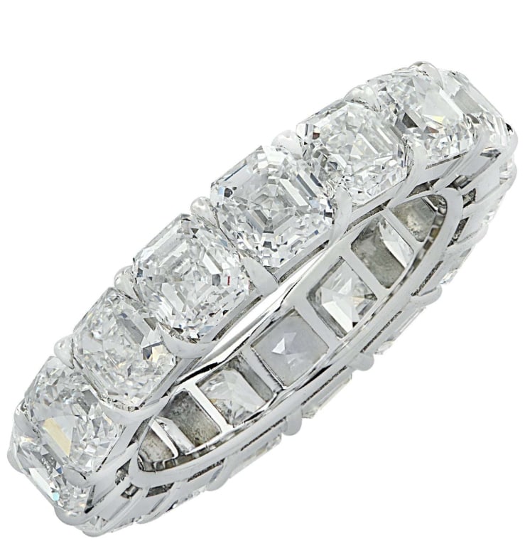 8.75 Carat Asscher Cut Diamond Eternity Band: 8.75 Carat Asscher Cut Diamond Eternity Band in Platinum - 17 Diamonds, VS Clarity SKU: 35225 Step into a world of elegance with the Vivid Diamonds 8.75 Carat Asscher Cut Diamond Eternity Band, a