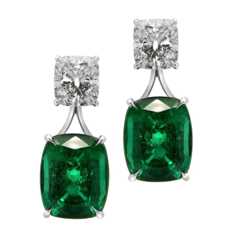 Stunning 18K Gold Emerald & Diamond Earrings: Stunning 18K White Gold Emerald & Diamond Cushion-Cut Dangle Earrings, 11.93ct Total Weight SKU: 48934 Illuminate your style with the stunning Emerald & Diamond Cushion-Cut Dangle Earrings in