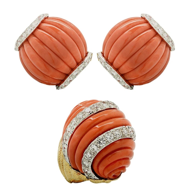 David Webb Fluted Coral & Diamond Jewelry Set: David Webb Fluted Coral & Diamond Jewelry Set - Exquisite Platinum & 18K Gold Design SKU: 46595 Indulge in the luxurious allure of the David Webb Fluted Coral & Diamond Earrings and Ring Set, an