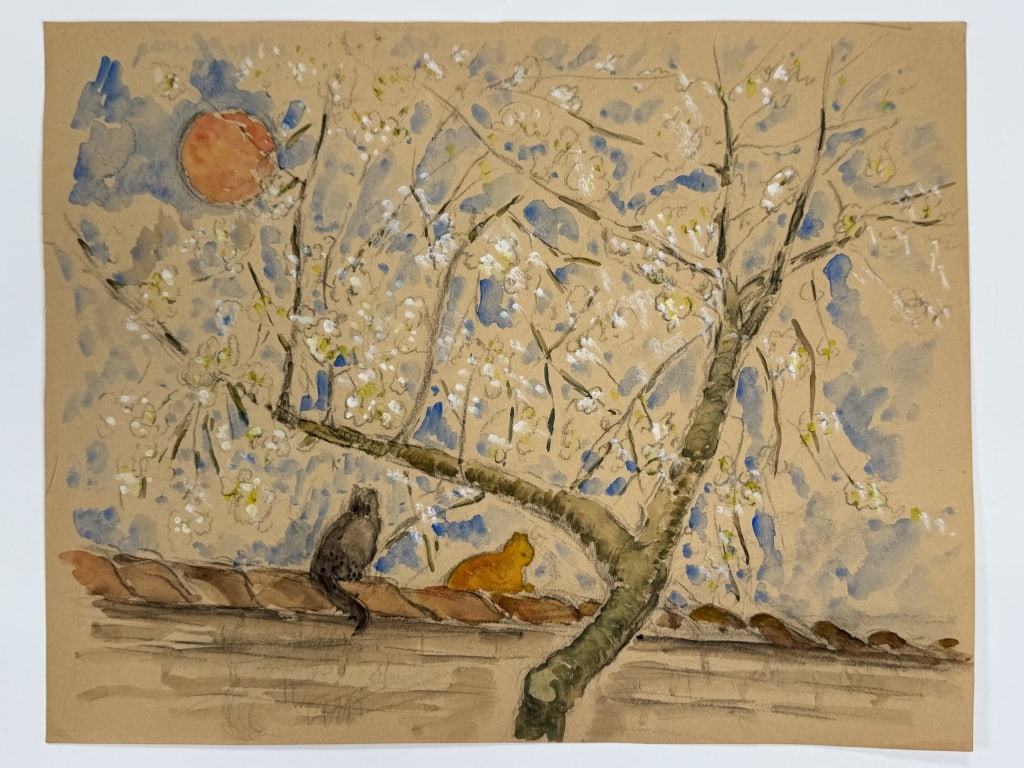 Artist Unknown Watercolor/Paper: Artist unknown watercolor on paper "Cats". Unsigned. Minor creases on the corners of the work, otherwise in good condition. Measures 14" x 18" 1A