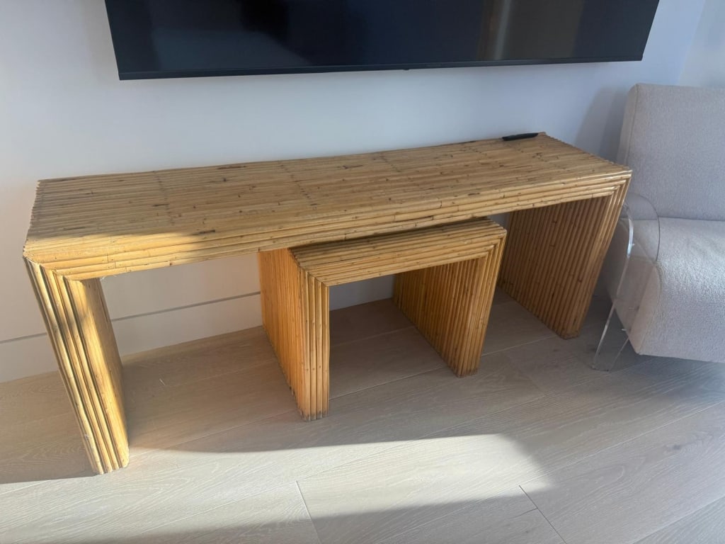Split bamboo console table: Split bamboo console table Dimensions: 72" x 18" x 29" and with its companion 27" x 18" x 24" PICK UP LOCATION - WEST LA, LOS ANGELES
