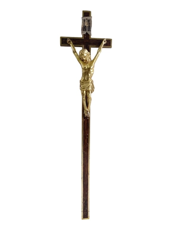 Vintage Carved Wood Crucifix: Vintage Carved Wood Crucifix. Unmarked. Shows some signs from wear and age, otherwise in good condition. Measures 36" x 8-3/4". 19A