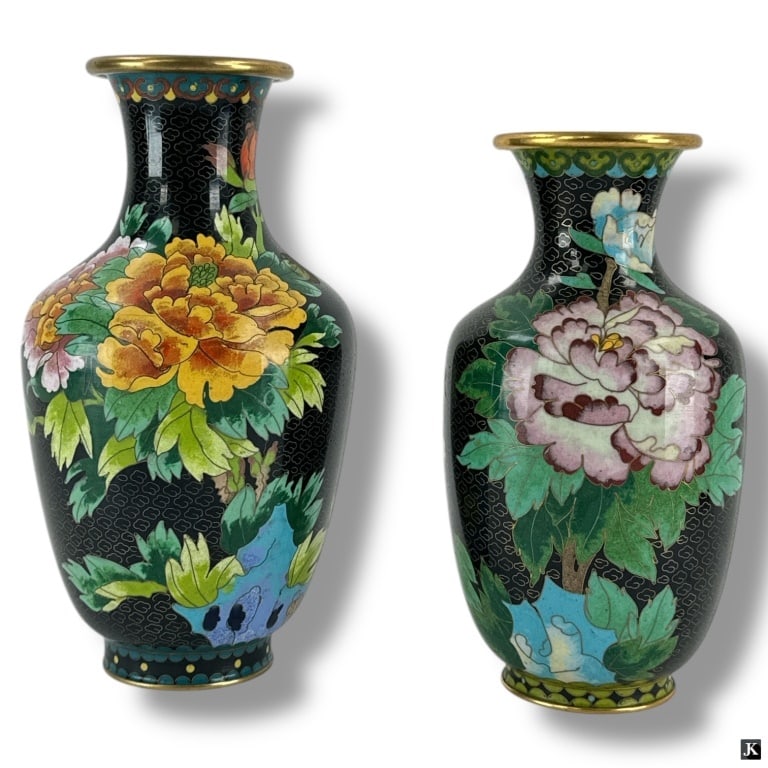 Pair Vintage Chinese Cloisonne Vases: Chinese Cloisonné Vases – Pair with Floral and Butterfly Motifs. Both show signs of age and wear, otherwise in good condition. Measure approx 9 inches high 73879 2A