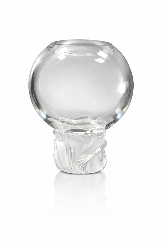 Lalique France Crystal "Roses" Footed Globe Vase: Lalique French crystal floral "Rose" vase having a footed and globe form design. Etched "Lalique (R) France" mark to bottom. In overall good condition. Measures approx. 7 3/8" height x 6 1/4" diameter