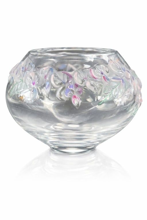 Lalique France "Coeur De Jeanette" Crystal Vase: Lalique France high relief multicolor crystal "Coeur de Jeanette" vase with a floral garland design. Etched "Lalique (C) France" mark to bottom. In overall good condition. Measures approx. 4 1/8"