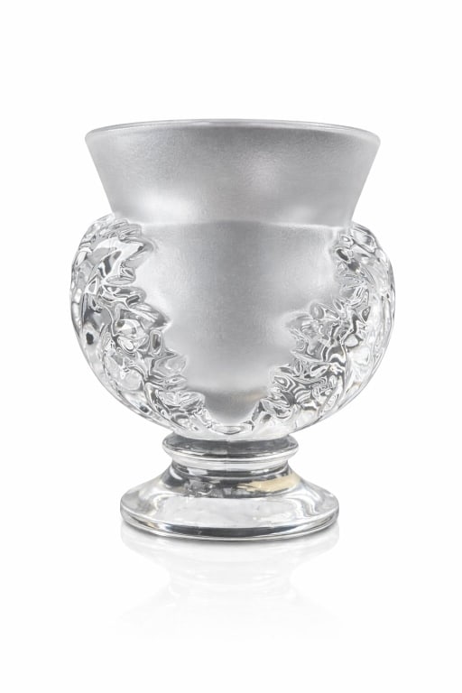 Rene Lalique Crystal Vase, St. Cloud: Rene Lalique Crystal Vase, St. Cloud. A beautiful small frosted vase adorned with clear acanthus leaves on the sides and clear footed base. France Lalique acid mark on the base. Measures 4"L x 3.5"W x