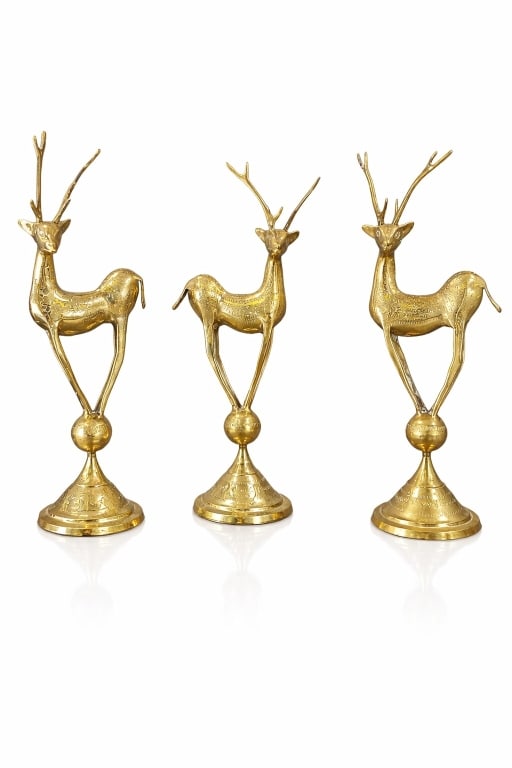Lot Of 3 Vintage Gilt Brass Decorative Table Items: A lot of 3 vintage gilt brass decorative Indian Brass Deer sculptures. Hole to the back of one deer. All show signs of age and wear, otherwise in good condition. Deer measure 16 3/4" Height 106500 2A