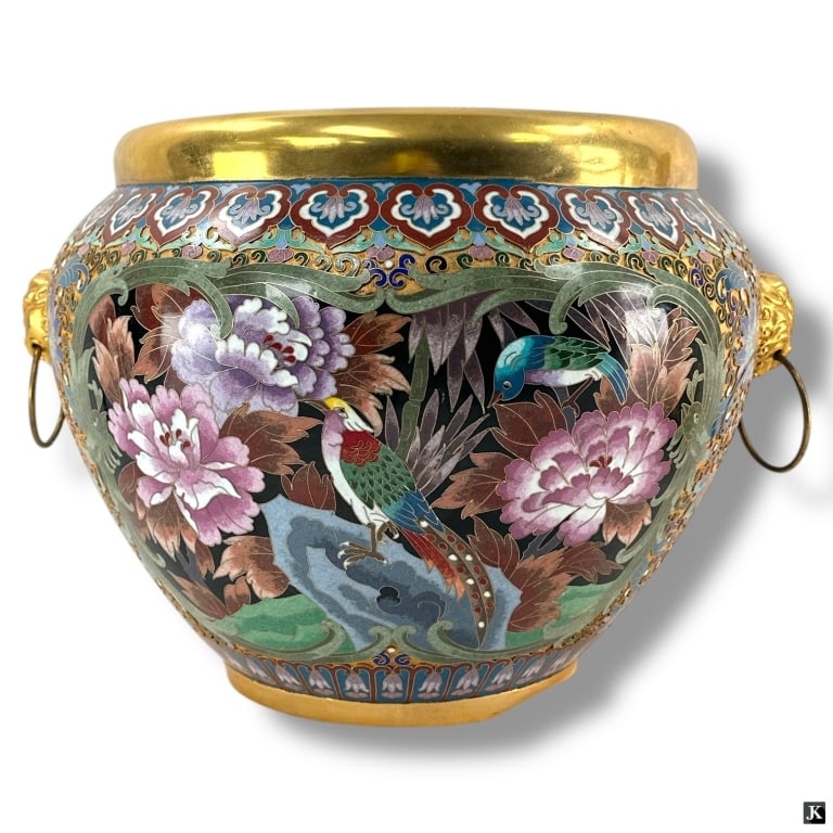Chinese Cloisonne & Gilt Jardiniere: Chinese Cloisonné & Gilt JardinièreA Chinese cloisonné and gilt jardinière with figural ring handles. Unmarked. Dent to the bottom rim and minor signs of age and wear, otherwise in good condition.