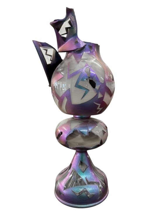 Vintage Abstract Signed Art Glass Vase: Vintage abstract signed art glass vase. Intentional breaks/cracks. Signed illegibly on the base. Minor signs of wear, otherwise in good condition. Measures approx 16" tall 2A