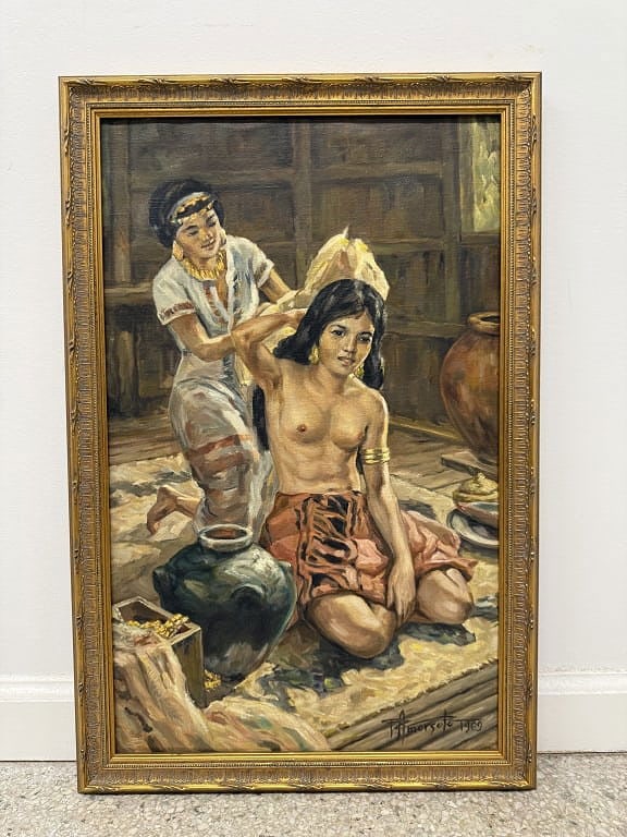 Attributed Fernando Amorsolo (1892-1972) Oil: Attributed Fernando Amorsolo, Filipino (1892-1972) oil on canvas "Nude Woman Getting Dressed". Signed and dated 1969 lower right. Well framed and in good condition. Work measures 24" x 15" Frame measu