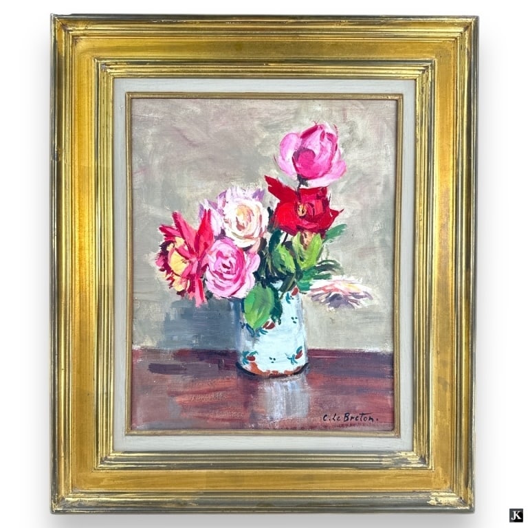 Constant Le Breton Oil/Canvas "Floral Still Life": Constant Le Breton, French (1895-1985) Oil on Canvas "Floral Still Life". Signed lower right. Findlay Galleries label affixed to verso. In overall good condition. Work measures 16-1/2" x 13" Frame mea