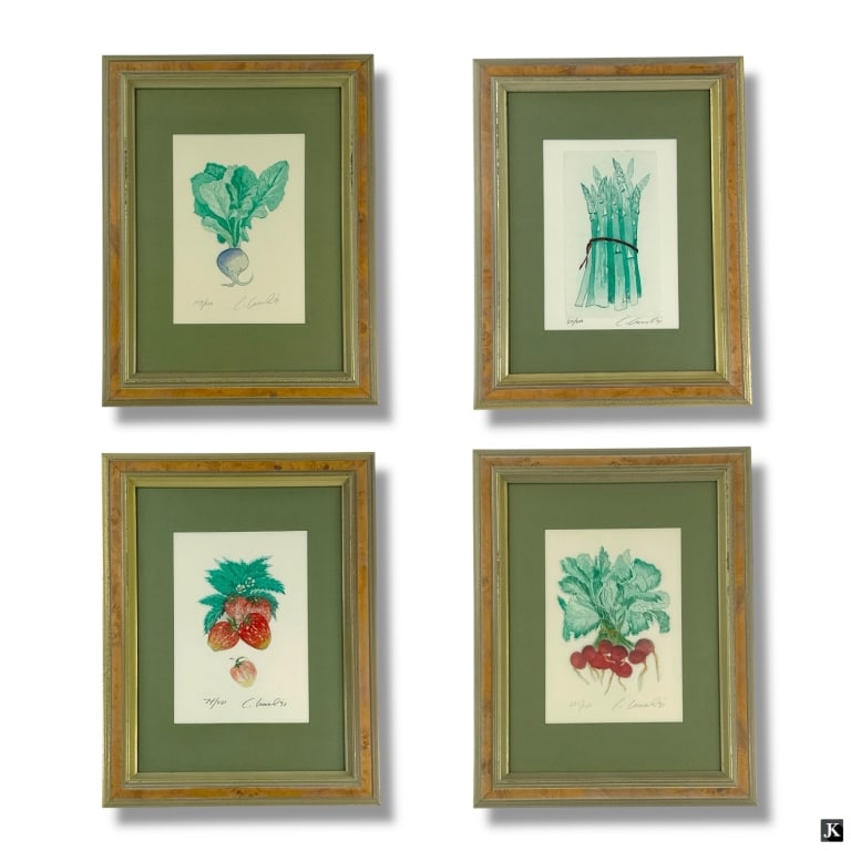 4 Charles Leonard Embossed Fruit & Veg Prints: 4 Charles Leonard Embossed and Colored Fruit & Vegetable Prints. Each signed, dated and numbered. Framed, matted and presented under glass screens. Good condition. Measures 9-3/4" x 7" (sight) Frame m