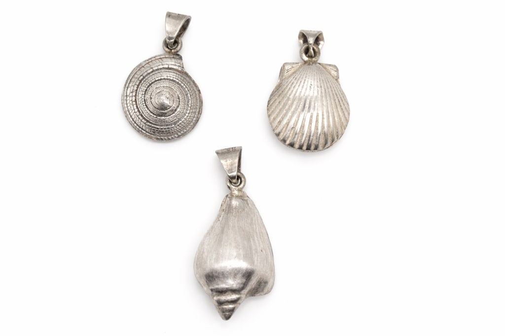 (3) Three Nautical Shell 925 Sterling Pendants: (3) Three Nautical Shell Various Design Pendants, 925 Sterling 2 1/4" H 47.88 Grams