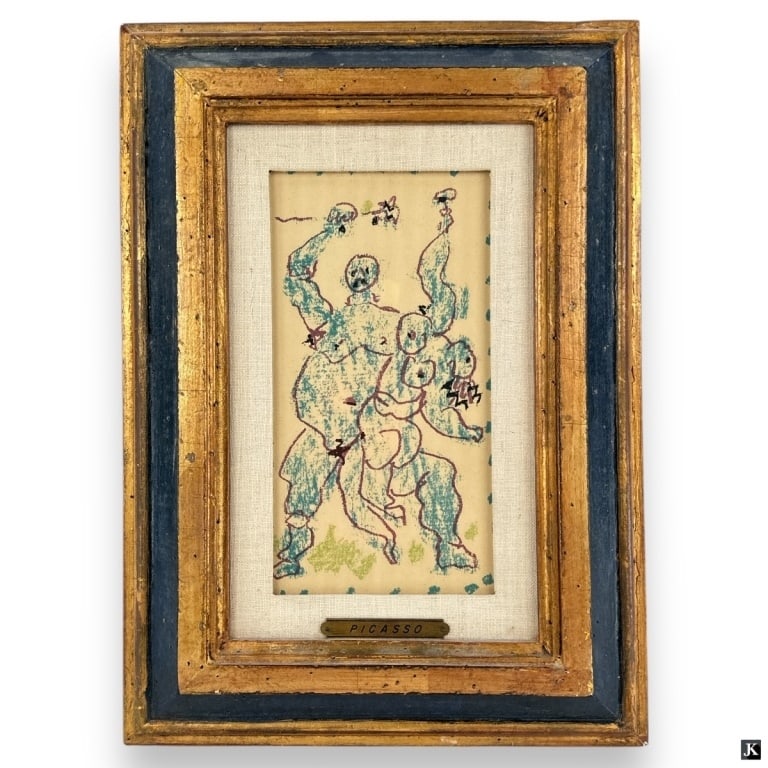 Style of Picasso Mixed Media on Paper "Figures": Vintage Style of Picasso, Spain/France (1881-1973) Mixed Media on Paper "Figures". Unsigned, brass name plate affixed to frame. In frame under glass screen. Toning from age, otherwise in good