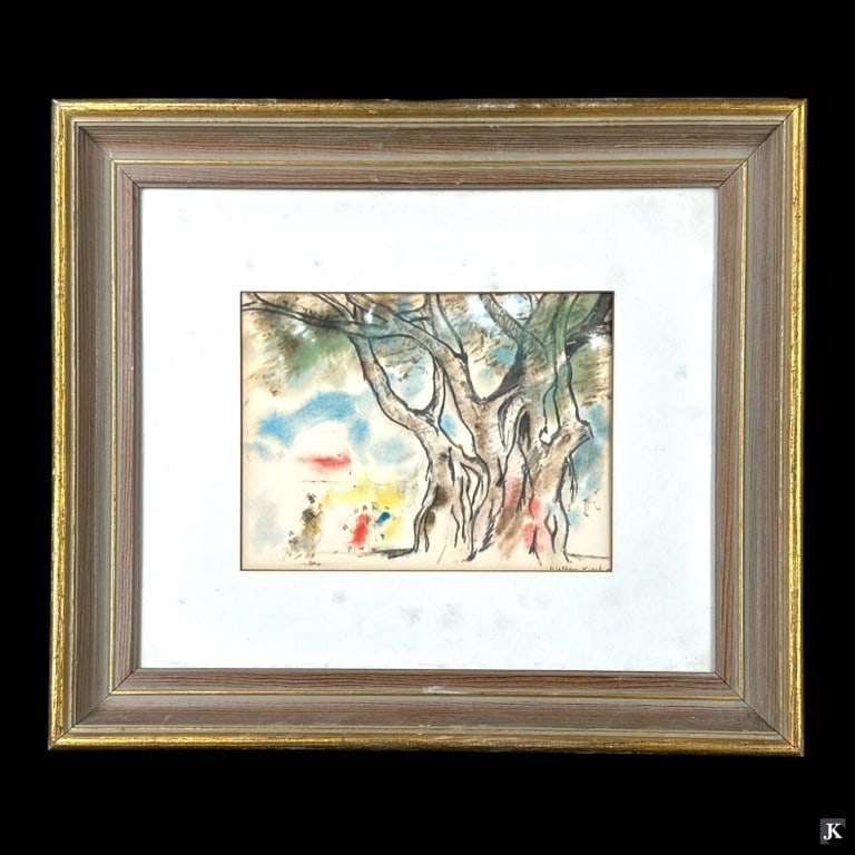 Artist Unknown Watercolor Work Of Landscape Scene: Artist unknown watercolor work on paper depicting a landscape scene with figures and tree. Signed to lower right. Mounted in a gold painted wooden frame with mat behind glass screen. In overall good