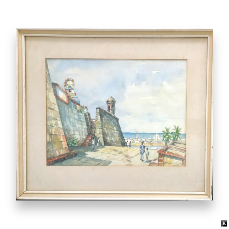 Artist Unknown Watercolor Of Coastal City Scene: Artist unknown watercolor work on paper depicting a coastal port city townscape scene. Pencil signed to lower right. Mounted in a white painted wooden frame with mat behind glass screen. Paper