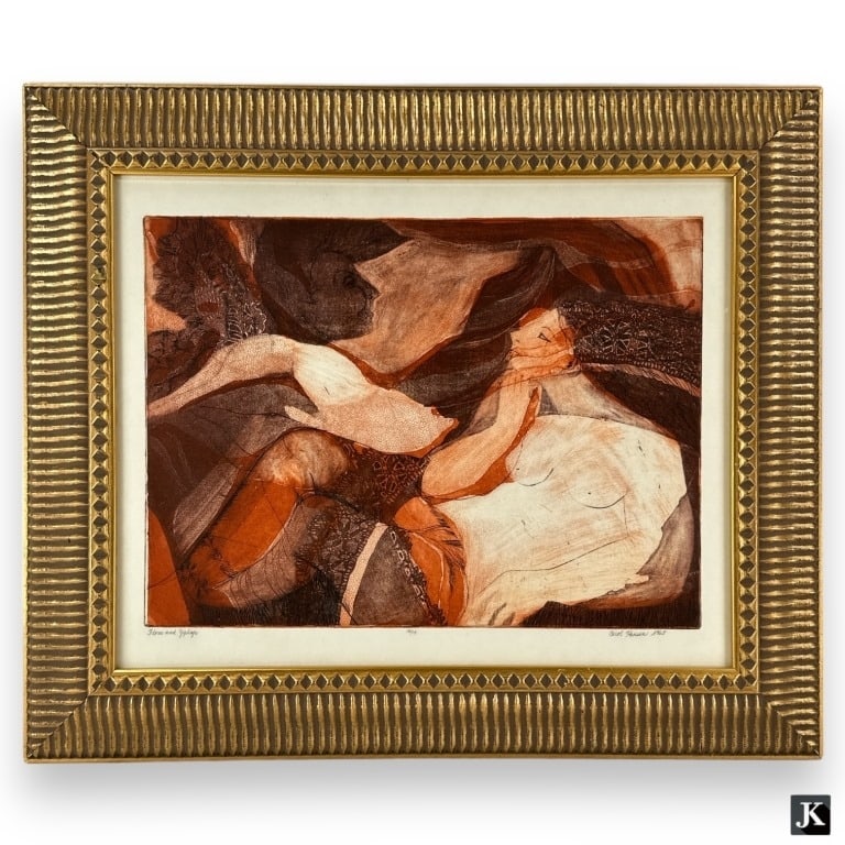 Carol Hansen (USA 20th C) Color Lithograph Signed: Carol Hansen Wagner (AMERICAN / CALIFORNIA, 20th century) Mid Century Modern color lithograph titled "Flora and Zephyr" to lower left. Hand pencil signed to lower right and dated 1965. Mounted in a