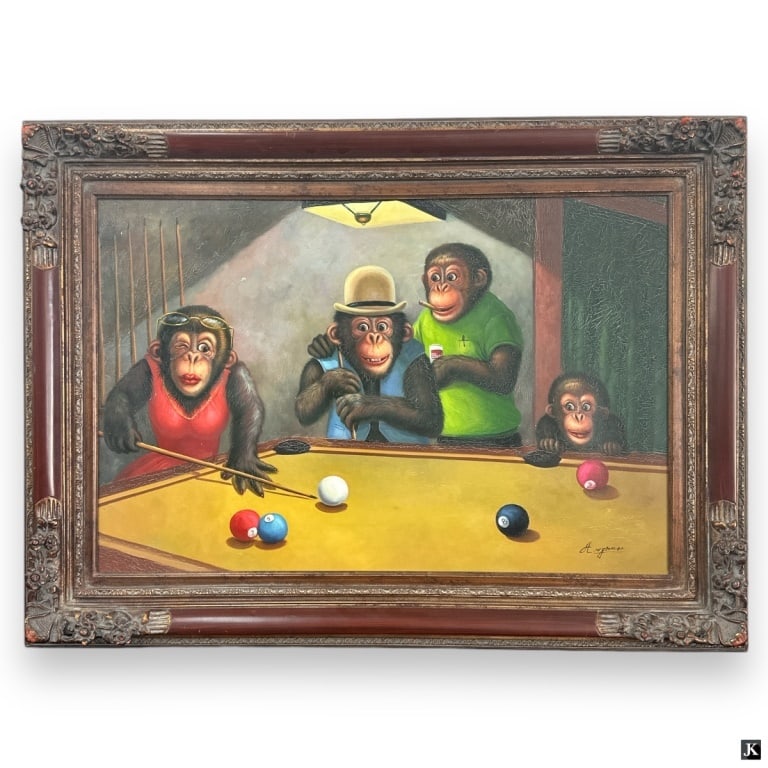 Signed Oil On Canvas Of Monkeys Playing Pool: A signed oil painting on canvas depicting a billiard scene with monkeys playing pool. Signed what appears to be "A. Ingenico"? to lower right. Mounted in a wooden frame. Some craquelure present and