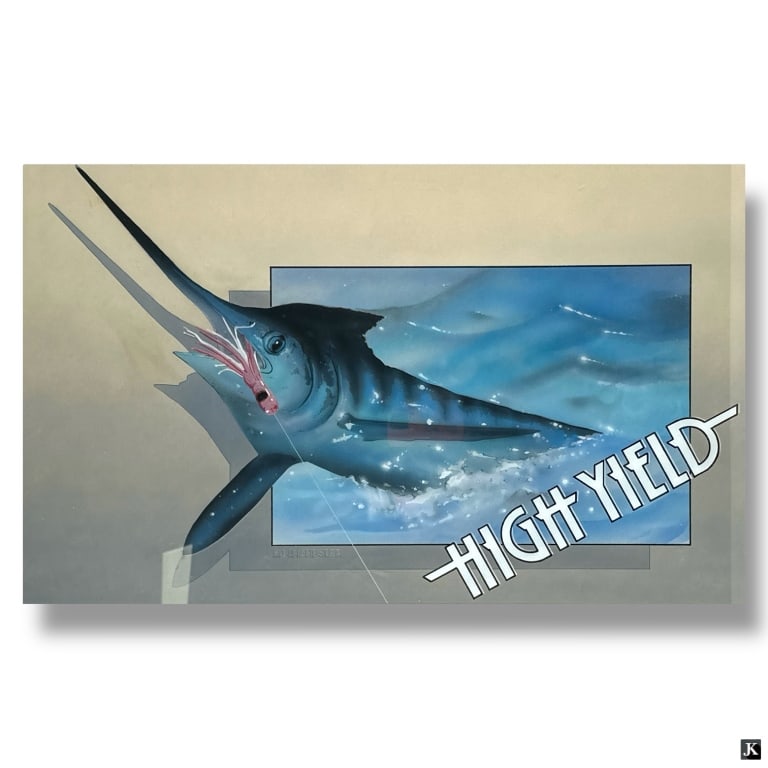 Large Color Fishing Print "High Yield": Large Color Fishing Print "High Yield" by D.W. Harpster. Framed and presented under a glass screen. Good condition. Measures 19" x 30-3/4" (sight) Frame measures 26-1/4" x 38-1/4". 32141 15A