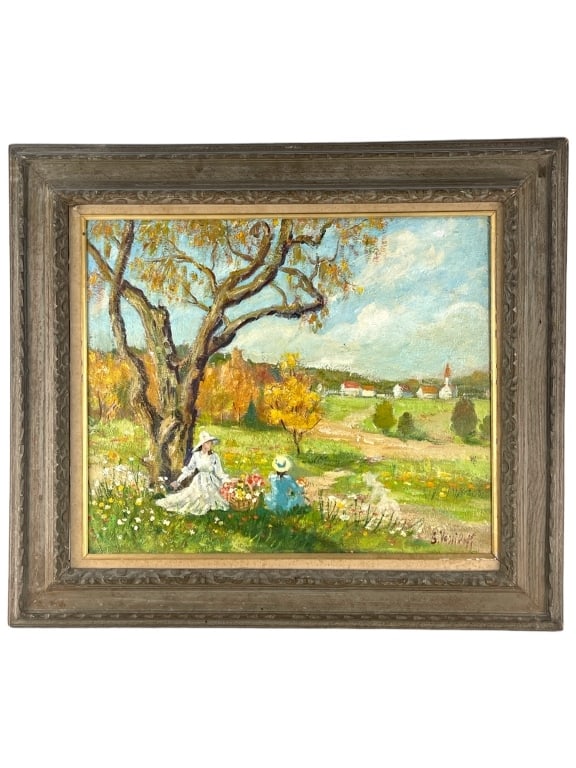 Boris Vassiloff (1901-2000) Oil/Canvas: Boris Vassiloff, Russian (1901-2000) oil on canvas "Ladies Under the Tree". Signed lower right. Minor wear along the edges of the frame, otherwise in good condition. Frame measures 32 1/2" x 28 1/2"