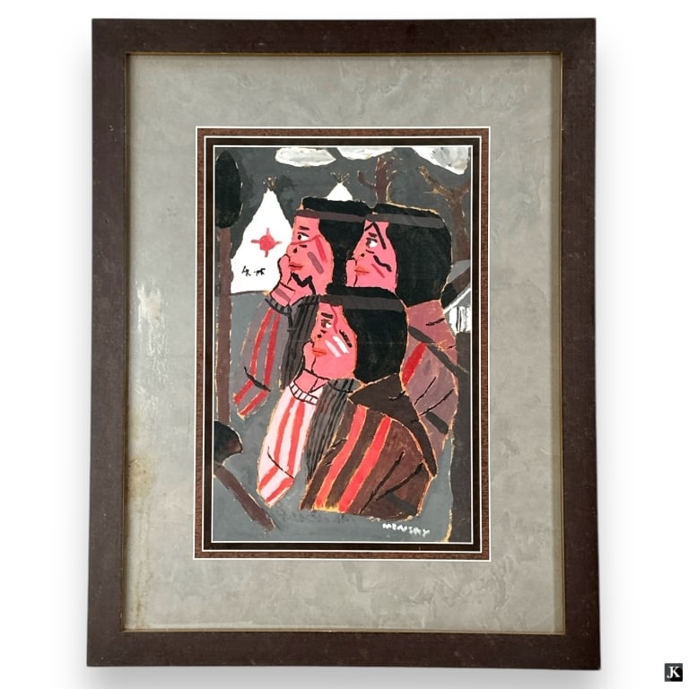 Vintage Tempera Painting "Native Americans": Vintage Tempera Painting "Native Americans". Signed Minsky lower right. Framed under glass screen. Measures 17" x 11" Frame measures 21-3/4" x 21-3/4". 30472 15A