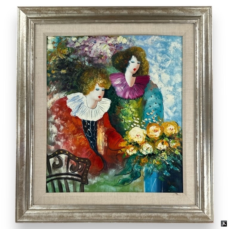 Artist Unknown Vintage Oil on Canvas: Vintage Oil on Canvas "Two Women". Unsigned. Framed. Minor wear along the edges of the frame, otherwise in good condition. Measures 23-1/2" x 20-1/2" Frame measures 32-1/4" x 29-1/2". 29643 15A
