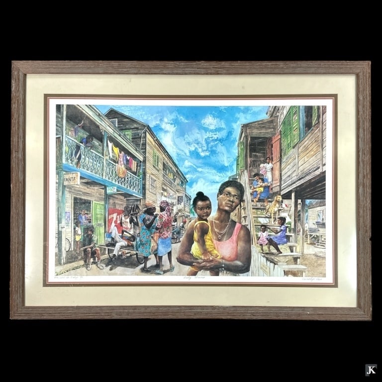 Carolyn Can (20th C) Signed Lithograph: Carolyn Can, Belize (20th century) signed lithograph depicting a street scene. Titled "Baby Mama" and dated 1994. Mounted in a wooden frame with mat behind acrylic screen. Measures approx. 19" height