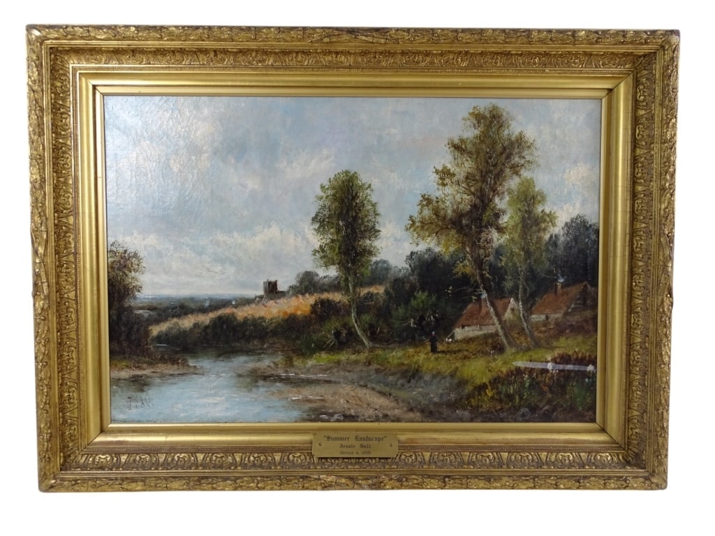 Jessie Hall (1893-1915) Oil/Canvas: Jessie Hall, UK (1893 - 1915) Oil on canvas "Summer Landscape". Signed lower left. Tear left center, repair. patch verso, otherwise in good condition. Measures 20" x 29" Frame measures 27" x 36.5".