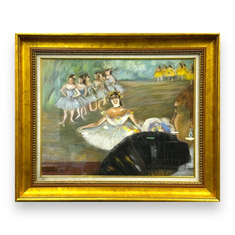 Attributed : Edgar Degas (1834-1917) Pastel/Paper: Attributed : Edgar Degas (1834-1917) Edgar Degas (Pastel on Paper) Signed lower left. Ballerina Group. In overall good condition. Frame Measures 19 3/4 inches high x 25 inches wide. 25 1/2 inches high