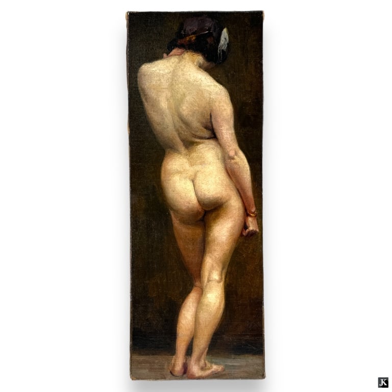 Antique Oil Painting On Board Of Nude Female: Antique 19th/20th century oil painting on canvas depicting a nude female. No apparent signature. Unframed. canvas on stretcher measures approx. 30" height x 11 1/4" width. Some scratching to paint. Ot