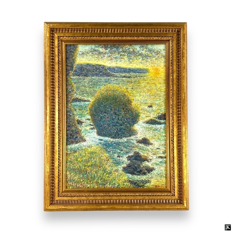 Achille Lauge (1861-1944) Coastal Oil/Board: Achille Lauge (FRENCH, 1861 - 1944) impressionist oil painting on board depicting a coastal landscape scene. signed to lower right. Mounted in a gold painted wooden frame. In overall good condition. B