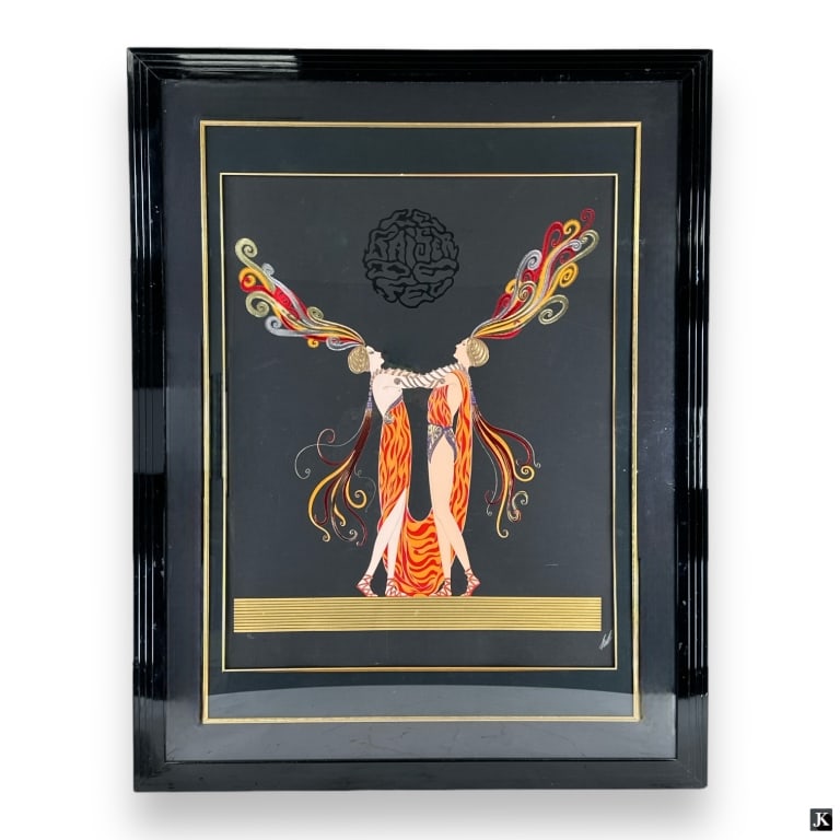 Erte De Tirtoff (1892-1990) Signed Serigraph: Romain (Erte) De Tirtoff, Russian (1892 - 1990) limited edition serigraph titled "Kiss Of Fire". Hand signed to lower right and numbered 5/300 to lower left. Mounted in a black lacquer and gold accent