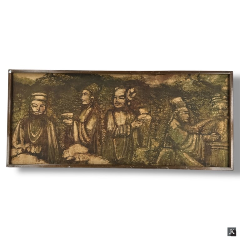 Vintage Asian Figural Batik Painting on Silk: Vintage Asian Figural Batik Painting on Silk. Signed lower left. Some minor wear on frame, otherwise in good condition. Measures 21" x 28". 33794 16A