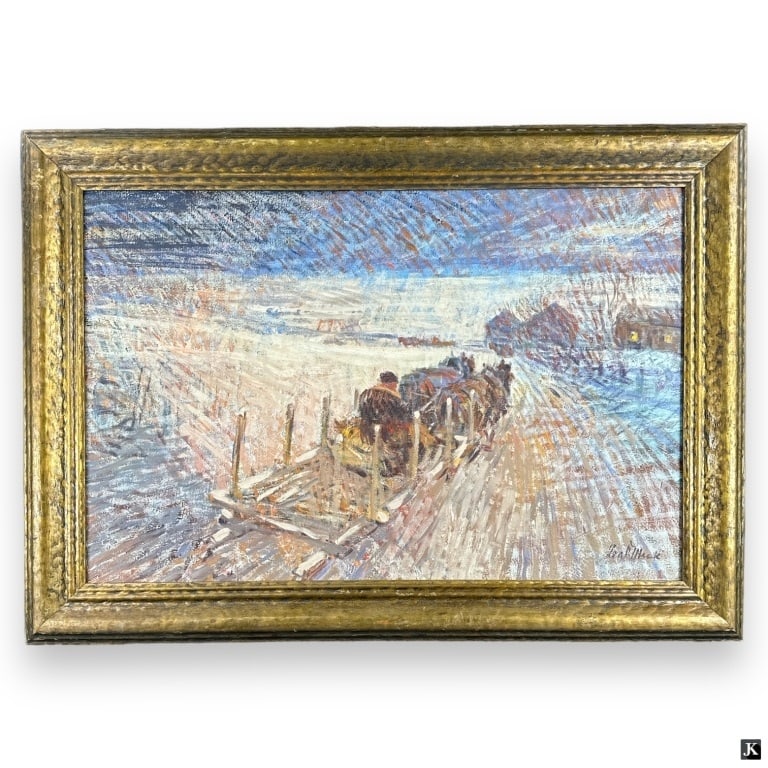 Leal Mack (USA 1892-1962) Winter Landscape Oil: Leal Mack, American (1892 - 1962) oil on canvas "Going Home". Signed lower right, titled verso on stretcher. In overall good condition. Work measures 20" x 30" Frame measures approx. 25 1/4" x 35 1/4"