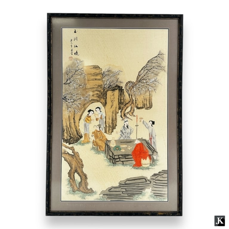 Vintage Chinese Watercolor On Silk: A vintage Chinese watercolor work on silk depicting figures in an exterior scene. Calligraphy poem to upper left with red chop seal. Mounted in a black painted wooden frame with mat behind glass