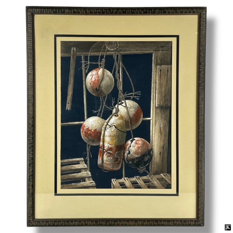 Decorative Framed Color Print "Fishing Buoys": Decorative Framed Color Print "Fishing Buoys". Framed and presented under glass screen. Good condition. Measures 42-1/2" x 34-1/2" overall including frame. Keywords: nautical decor, coastal wall art,