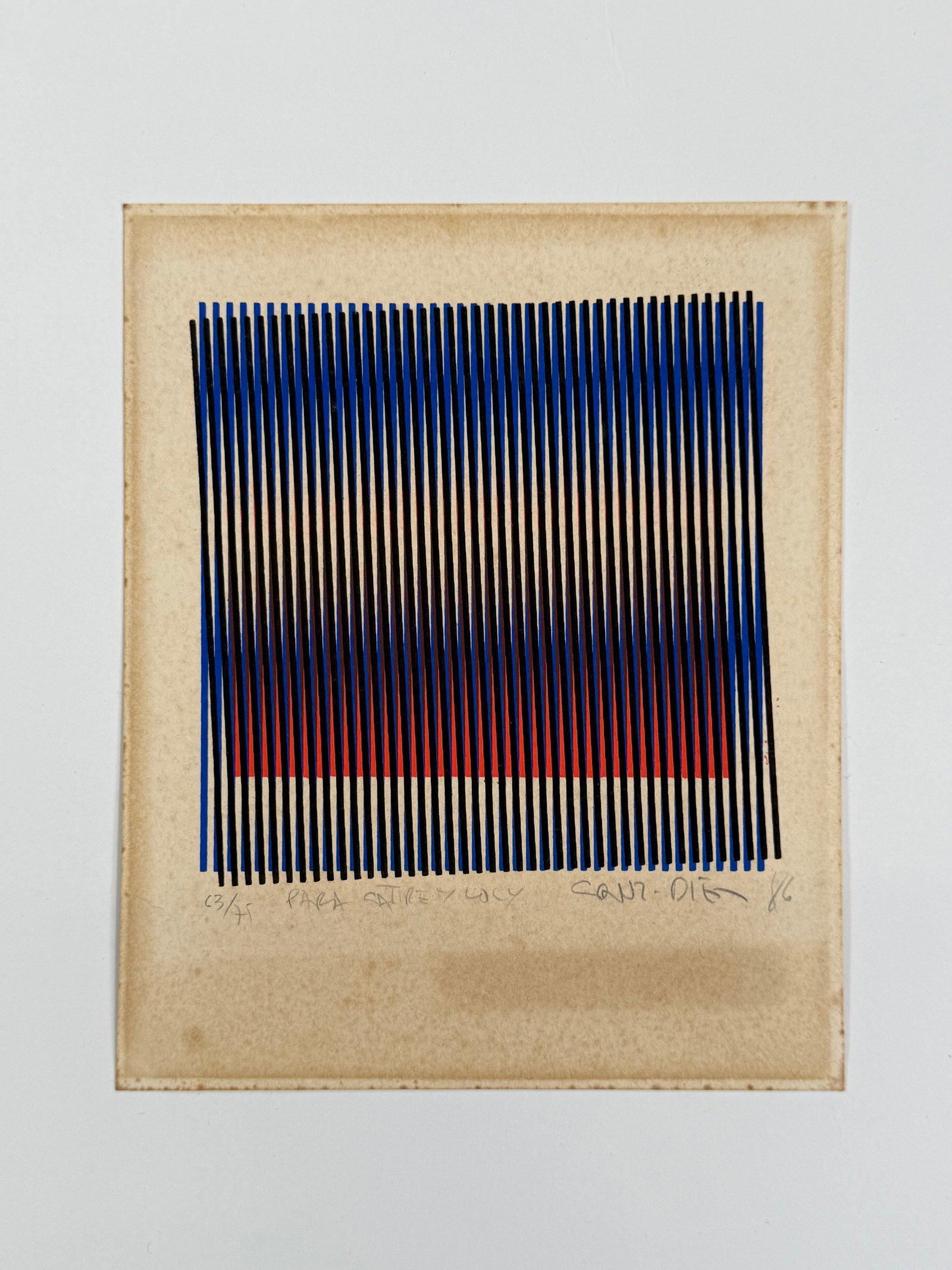 Carlos Cruz-Diez (1923-2019) Serigraph: Carlos Cruz-Diez, Venezuelan (1923-2019) signed serigraph. Signed and dated 86 lower right, numbered 63/75 lower left. Some illegible writing lower center. Writing verso on a sticker 'Azul Oscuro'. So