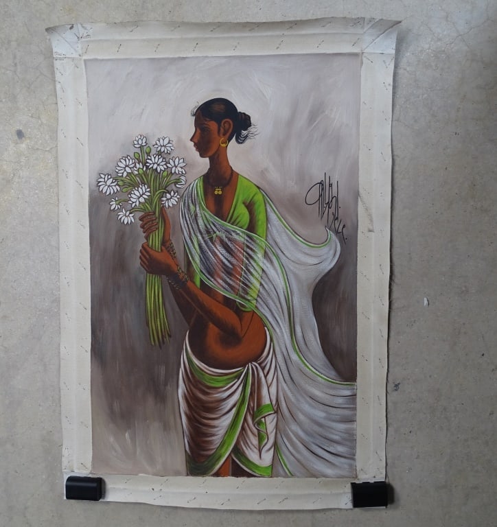 B. Prabha (1933-2001) Oil/Canvas w/COA: B. Prabha (Indian, 1933–2001)Untitled (Female Figure)Oil on canvas, signed upper right. Accompanied by a certificate of authenticity signed by Nayana Sarmalkar.This compelling work exemplifies the d