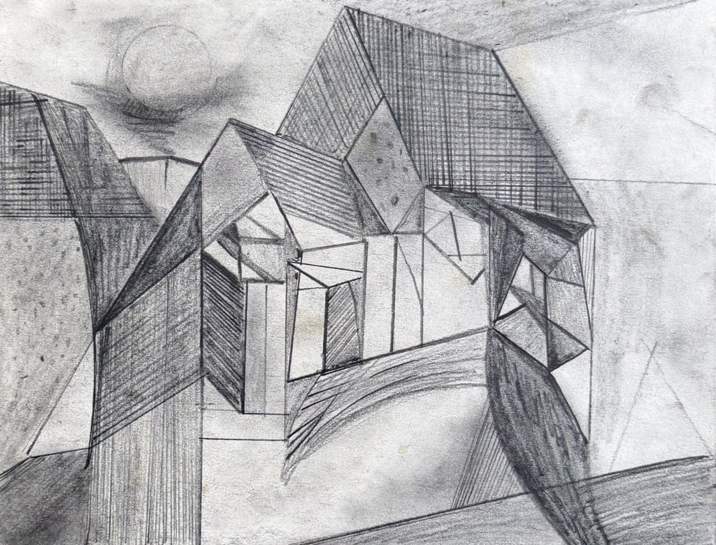 Lyonel Feininger (1871 New York 1956): Lyonel Feininger (1871 New York 1956) work on paper. Measures 8 1/2 inches high x 11 inches wide. Dated 1955. Signed. 160.723.1029. titled. abstract building.