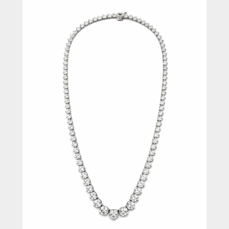 14K Gold 24.25 Ct. Graduated Diamond Necklace: 14K White Gold 24.25 Ct. Graduated Diamond Tennis Necklace Item # 13775 Category Necklaces 14K White Gold 24.25 Ct. Graduated Diamond Tennis Necklace Weighing 27.1 grams Set with 103 Diamonds weighing