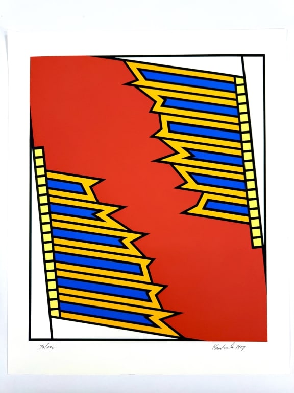 Nicholas Krushenick (1929-1999) Signed Serigraph: Nicholas Krushenick, American (1929-1999) signed serigraph "Silver Liner". Signed and dated 1977 lower right, numbered 70/200 lower left. Small blemish middle right and some creasing on the corners