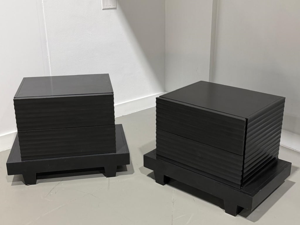 2 solid nightstands possibly restoration hardware: A pair of solid nightstands, possibly restoration hardware, label Troy Wesnidge Inc circa 1974 Measures: 27 inches high x 36 wide x 24 deep