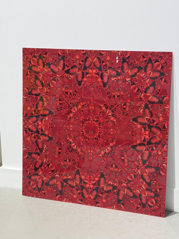 Damien Hirst (b. 1965) aluminum: Damien Hirst NUR JAHAN 2022 aluminium composite panel screen printed with glitter. From the series The Empresses Heni Editions Catalogue Number: H10-2 Edition Number: 1292/3041 Measures: 39 1/2 high