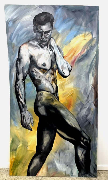 Kate Saville (b.20th c) Oil/Canvas: Kate Saville, American (b. 20th c) oil on canvas "The American Adonis" c. 2023. Signed lower right. On wood stretcher. Retail: $39,825. Stretcher broken in two places along the lower left side, requir