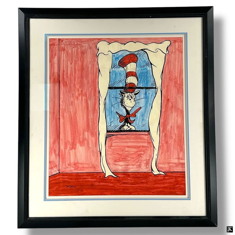 Dr Seuss Lithograph "The Cat , 60th Anniversary": Dr Seuss, American (1904-1991) Limited Edition Lithograph "The Cat , 60th Anniversary". Signed and numbered 124/395, Blindstamp lower right. Gallery framed. Very good condition. Measures 28-1/2" x 24-