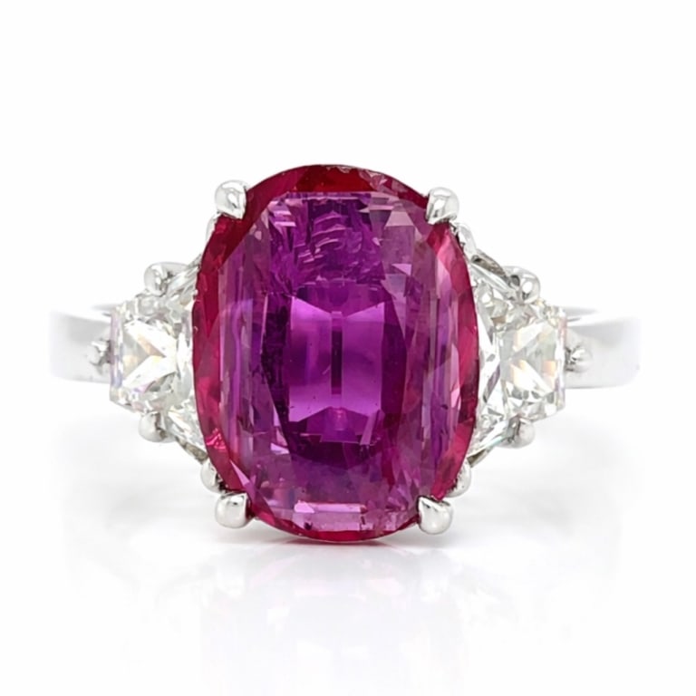 Platinum Pink Sapphire & Diamond Ring: Platinum SSEF Certified Burma No-heat Pink Sapphire & Diamond Ring Item # 13743 Category Rings Platinum SSEF Certified Burma No-heat Pink Sapphire & Diamond Ring Weighing 8.0 grams Set with a SSEF Cer